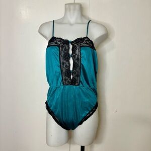 Vintage 80s/90s Sabrina Turquoise Lingerie Teddy Bodysuit Black Lace Trim